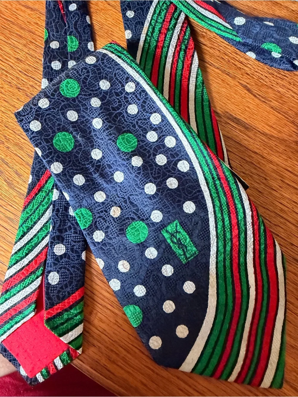 YSL Vintage Silk Polka Dot & Stripe Tie in Navy, Green, Red -